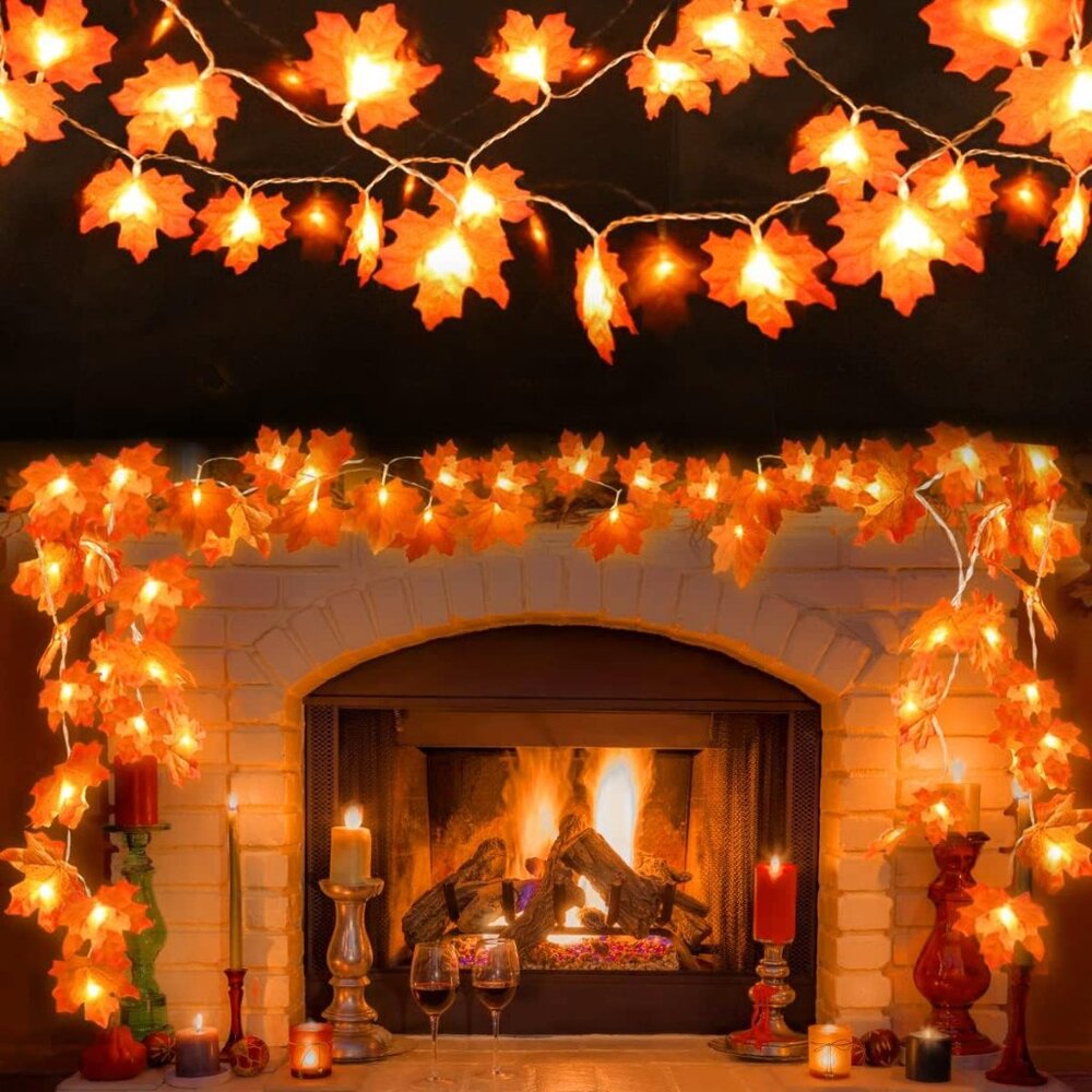 2 Pack Fall Garland -20 Ft LED Maple Leaves Lights, Battery Operated, Waterproof